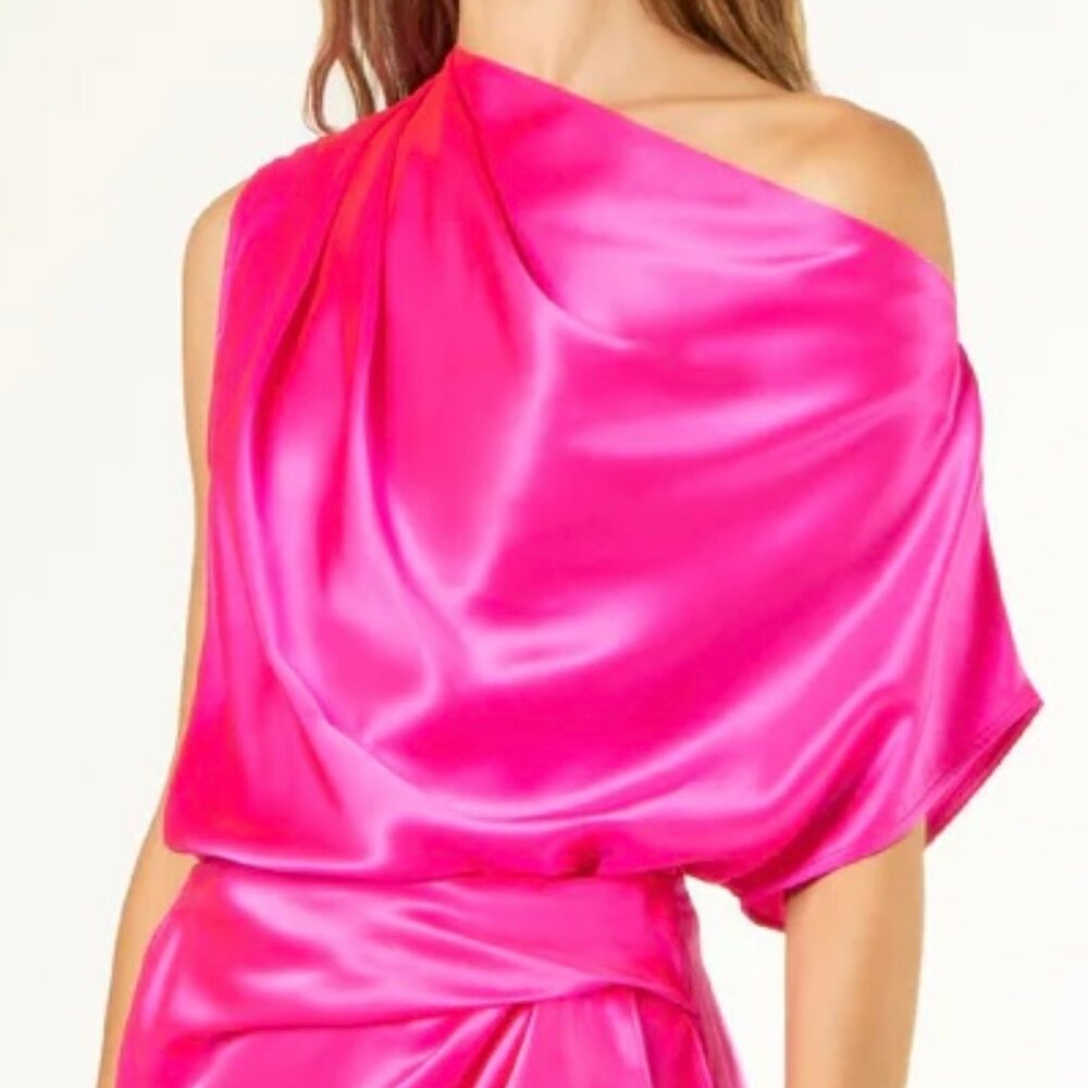 NWT MICHELLE MASON 100% Silk Asymmetrical Drape Pleat One Shoulder Pink Top Sz 2
